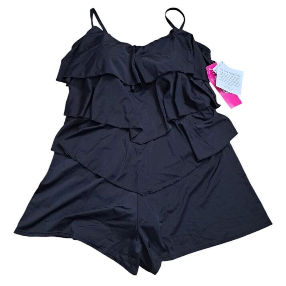 Fit 4 U One Piece Swimdress Size 24W Black Tiered Romper Swimsuit Beach Travel
